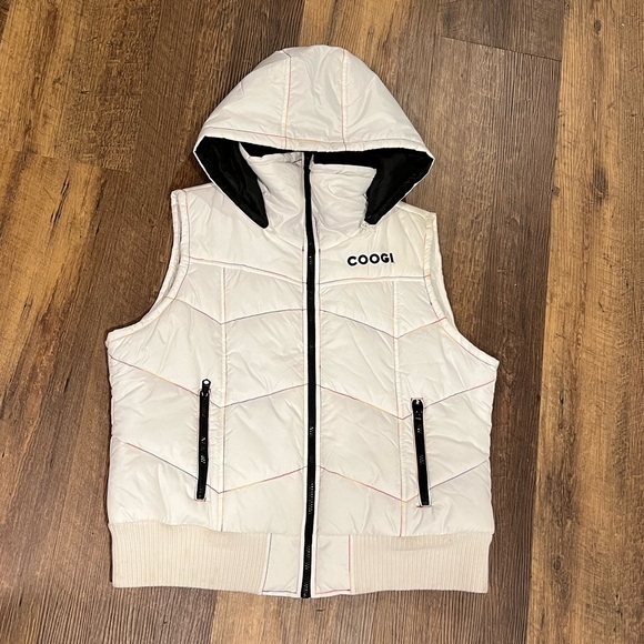 COOGI Puffer vest womens size 2X white‎ with rainbow stitching removable hood - Picture 1 of 6
